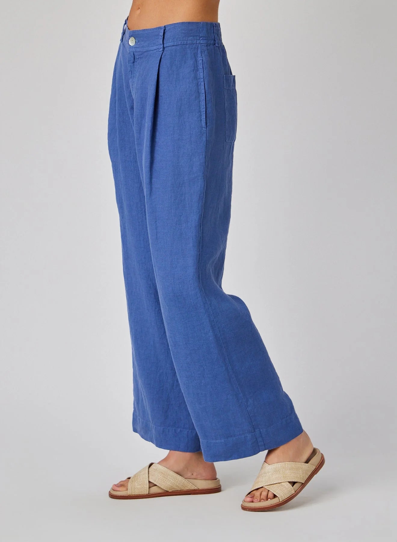 Linen Pleated Wide Leg Ankle Pant - Antique Indigo