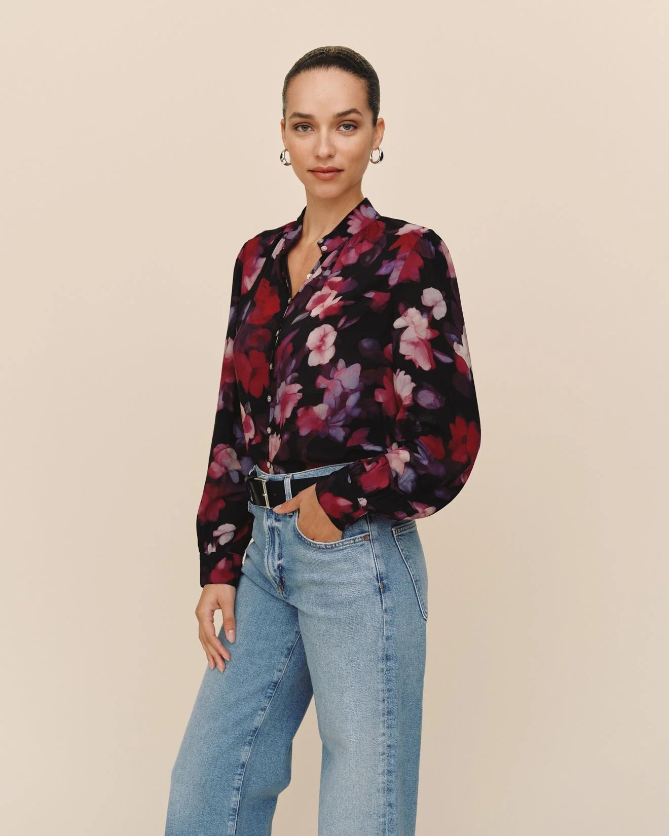 Shirred Button Up Blouse - Berry Bloom Print