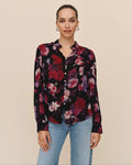 Shirred Button Up Blouse - Berry Bloom Print
