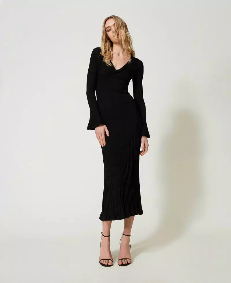 Ribbed Knit Long Dress - Black