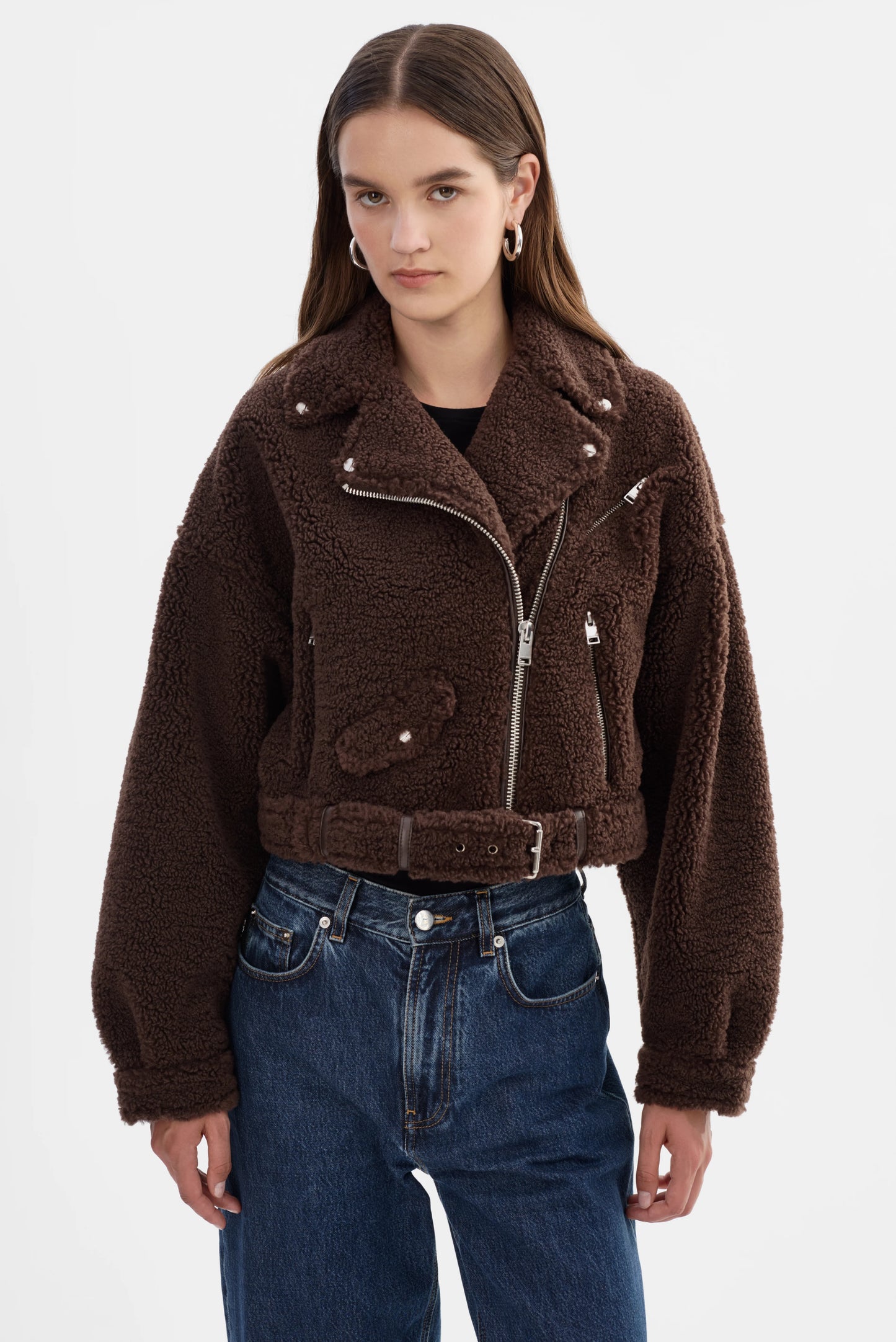 Brina Sherpa Biker Jacket - Brown