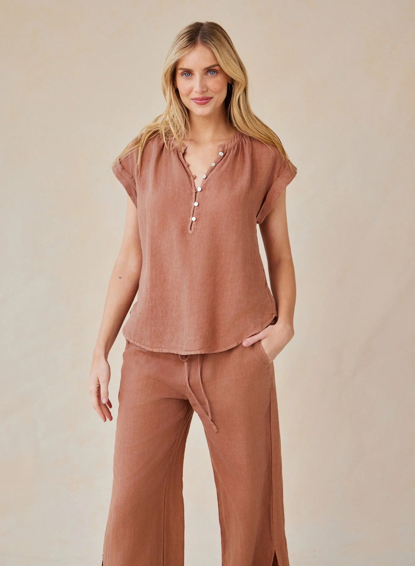 Linen Cap Sleeve Pullover - Terracotta Brown