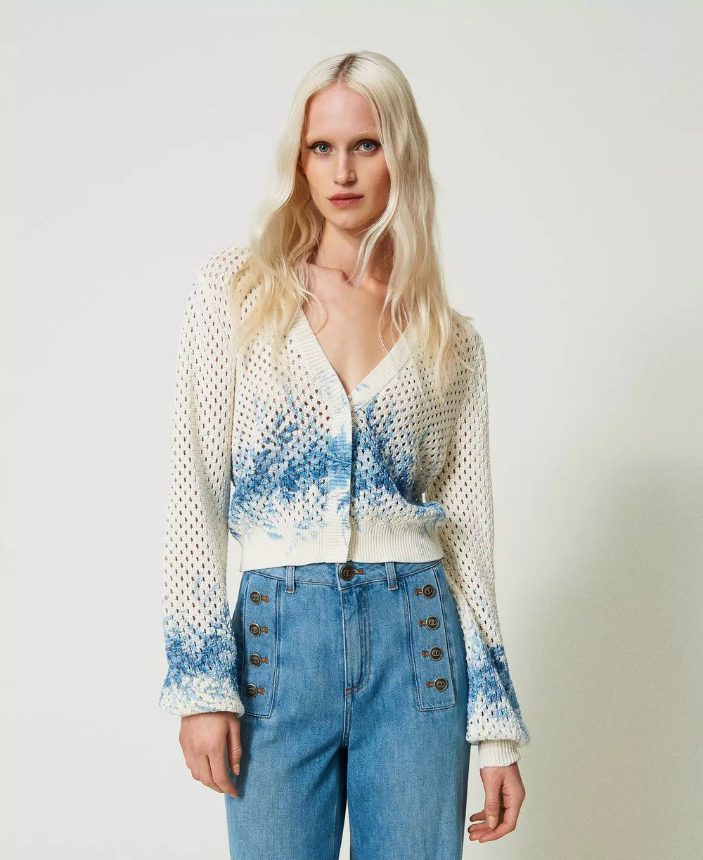 Mesh Cardigan with Floral Print - Ivory Toile de Jouy / Blue Calcedonie Print
