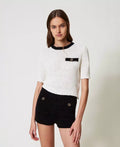 Cropped Jumper with Oval T Button -  Bicolour "Snow" White / Black