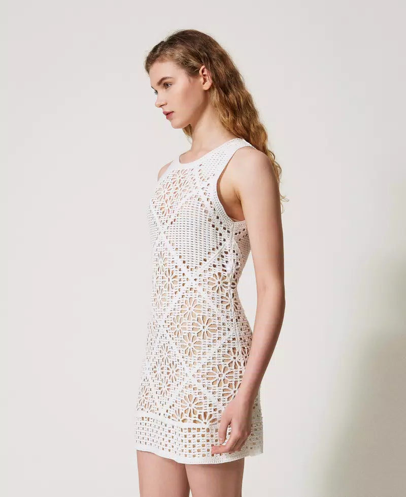 Short Floral Crochet Dress - White Snow