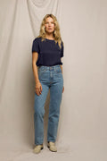 Delphine Luxe Satin Crewneck Tee - Navy