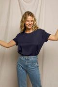 Delphine Luxe Satin Crewneck Tee - Navy