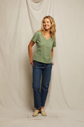 Hendrix Crispy Lightweight Cotton Boxy V Neck Tee - Aloe