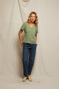 Hendrix Crispy Lightweight Cotton Boxy V Neck Tee - Aloe