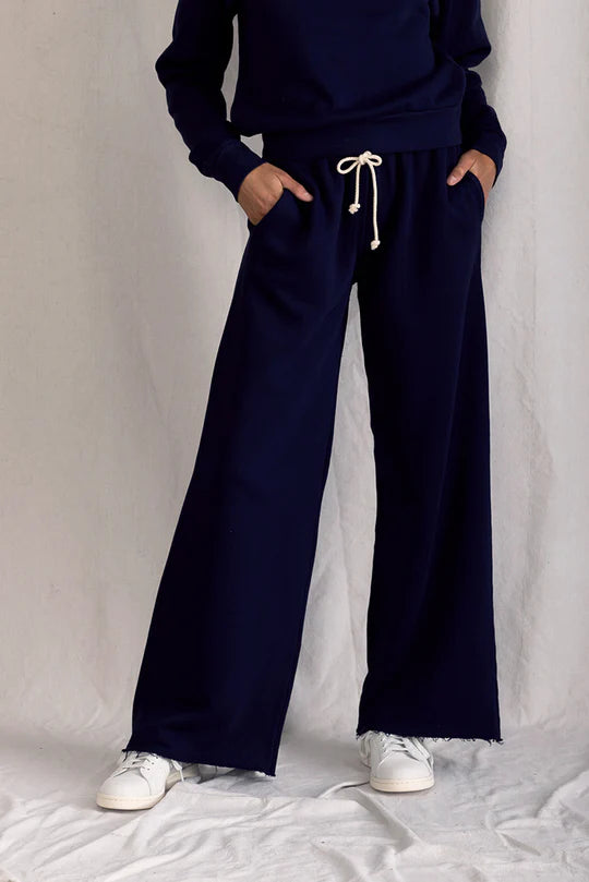 Hailey Structured Wide Leg Fleece Pant- Navy