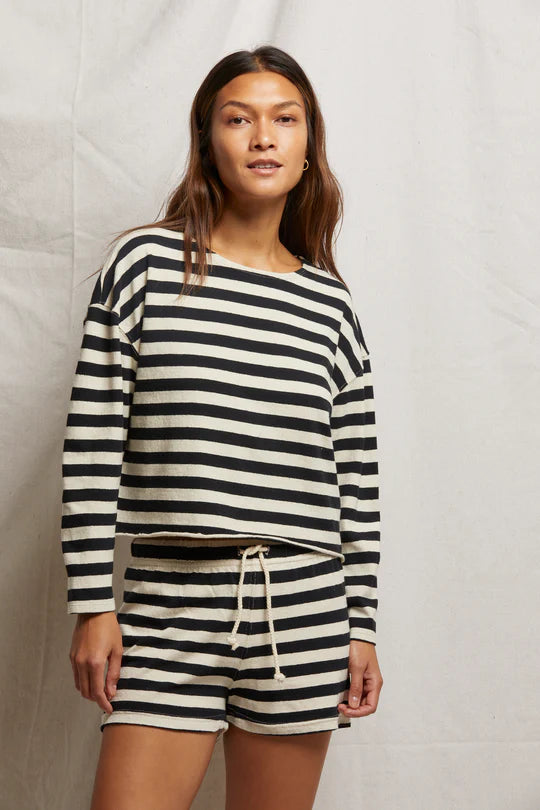 Jesse Recycled Cotton Drawstring Short - Black / Natural Stripe