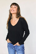 Jimi Long Sleeve Cotton Boxy V-Neck Tee - True Black