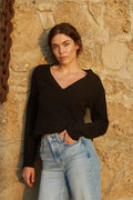 Jimi Long Sleeve Cotton Boxy V-Neck Tee - True Black