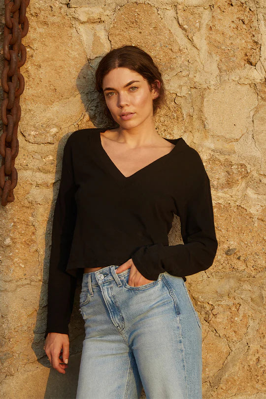 Jimi Long Sleeve Cotton Boxy V-Neck Tee - True Black