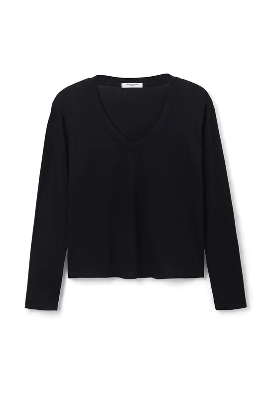 Jimi Long Sleeve Cotton Boxy V-Neck Tee - True Black