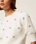 Angora Blend Jumper with Embroidery - White Snow