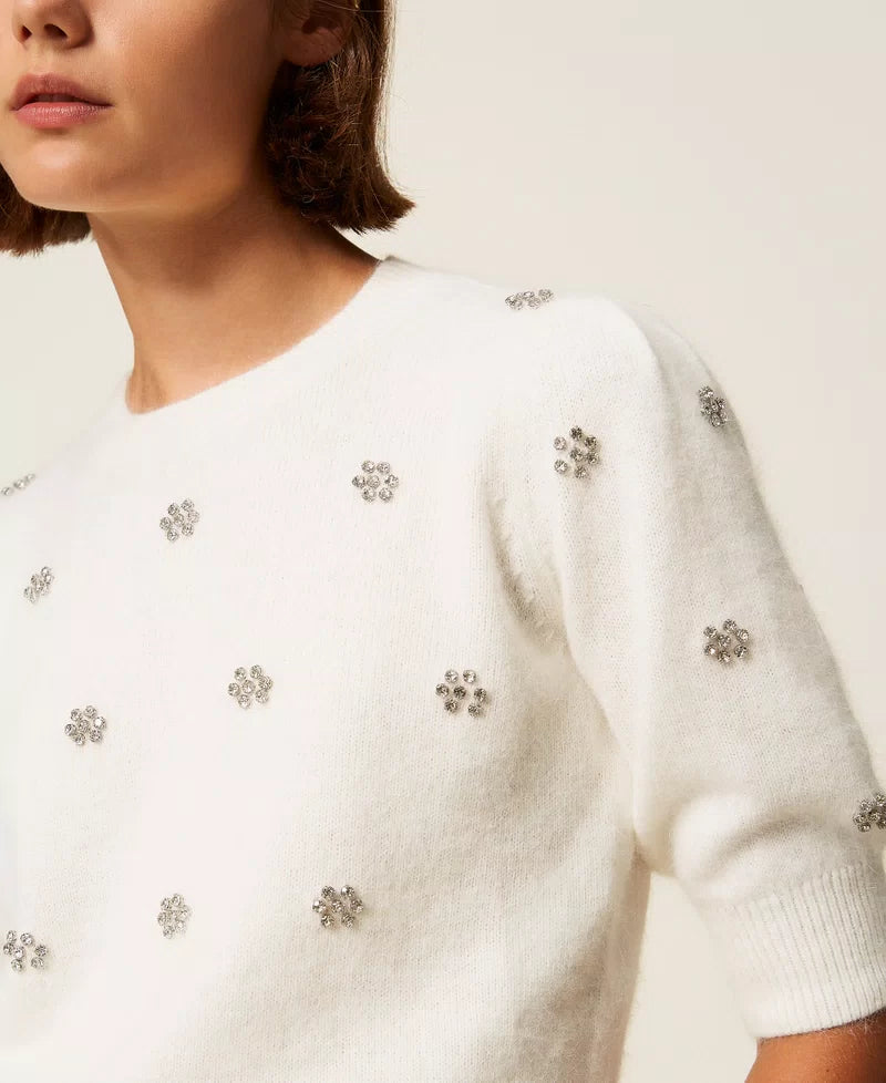 Angora Blend Jumper with Embroidery - White Snow