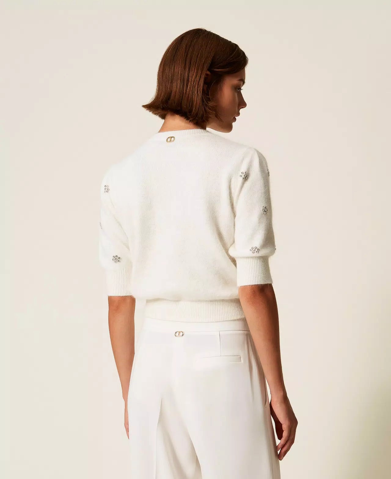 Angora Blend Jumper with Embroidery - White Snow
