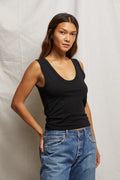 Khara Crispy Lightweight Cotton U-Neck Tank - True Black