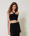 Cropped Knit Top with Straps - Black