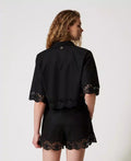 Cropped Poplin Shirt with Lace - Black