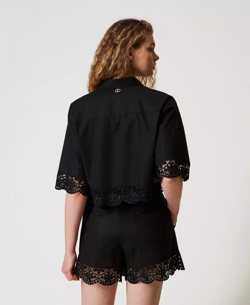 Cropped Poplin Shirt with Lace - Black