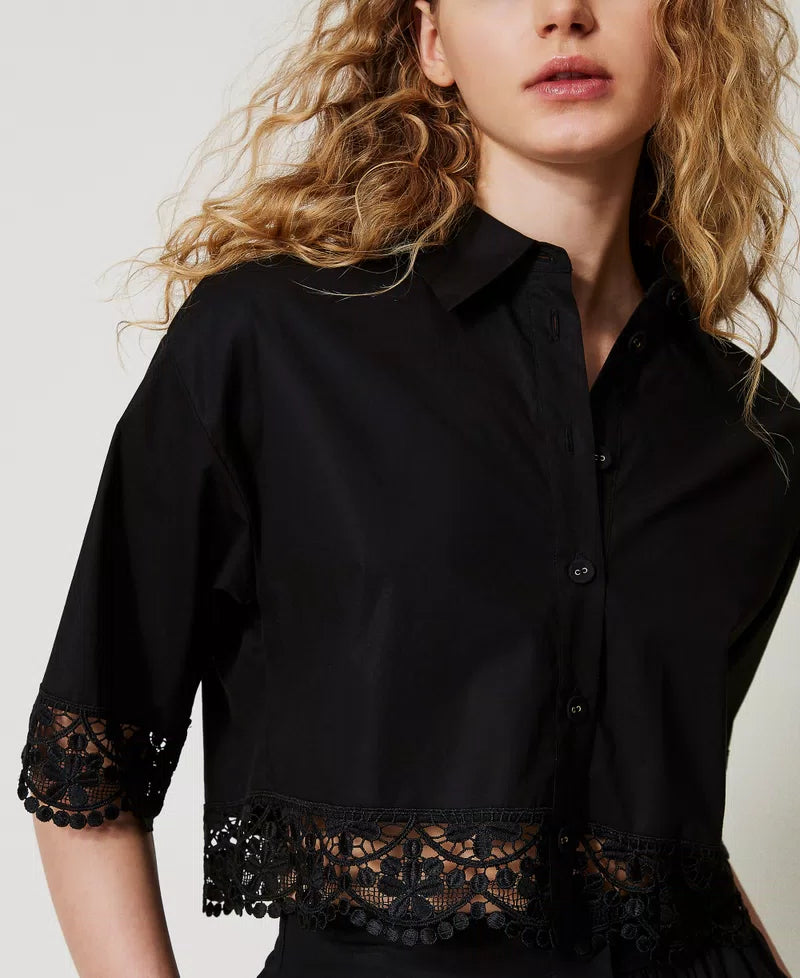 Cropped Poplin Shirt with Lace - Black