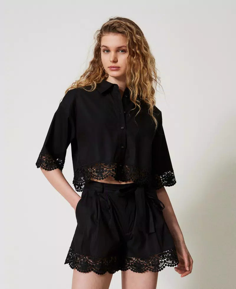 Cropped Poplin Shirt with Lace - Black