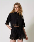 Cropped Poplin Shirt with Lace - Black