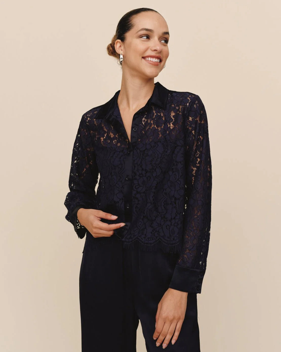 Lace Contrast Button Down - Midnight Sky