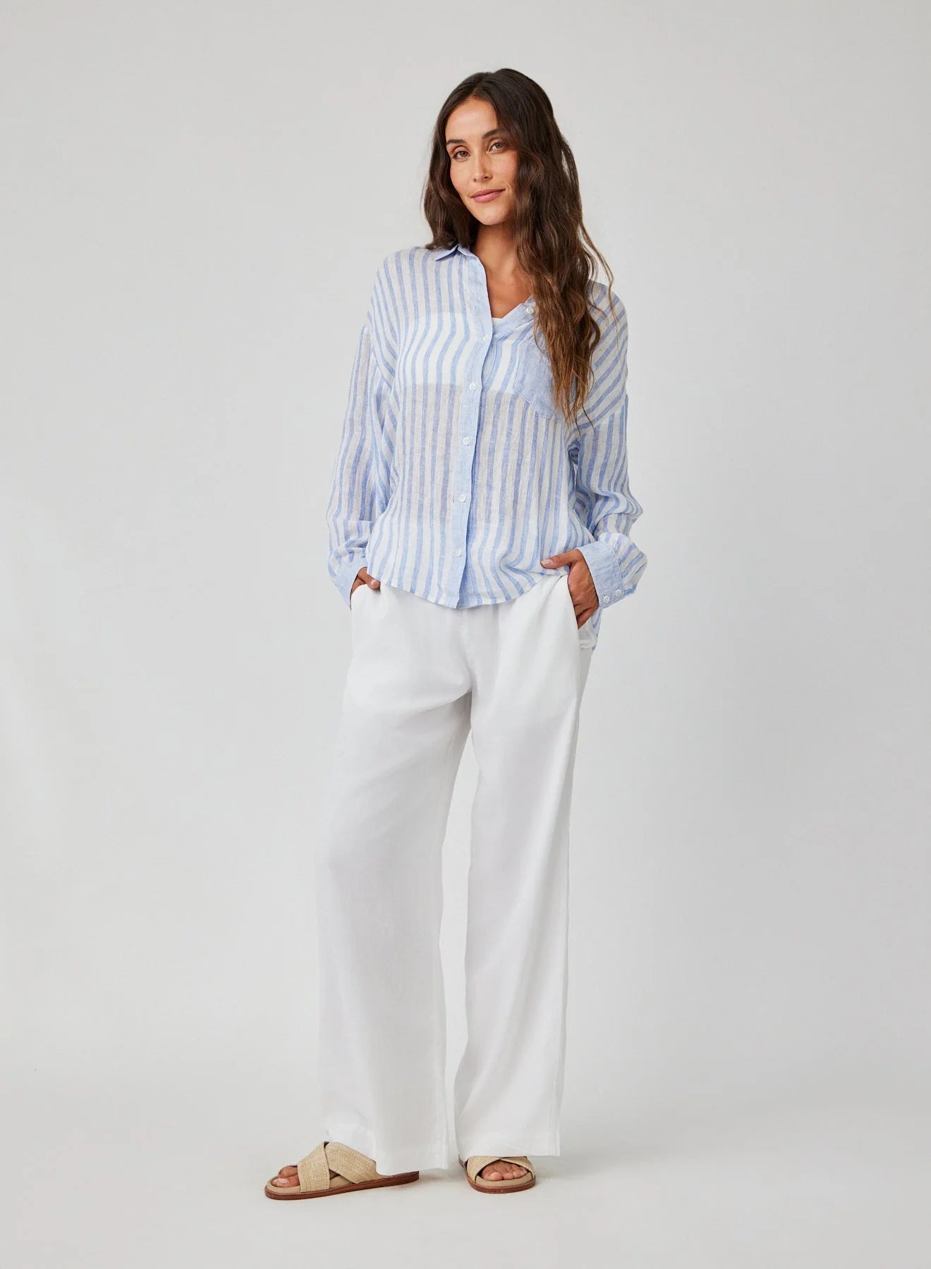 Contrast Pocket Boyfriend Shirt - Blue Sky Stripe