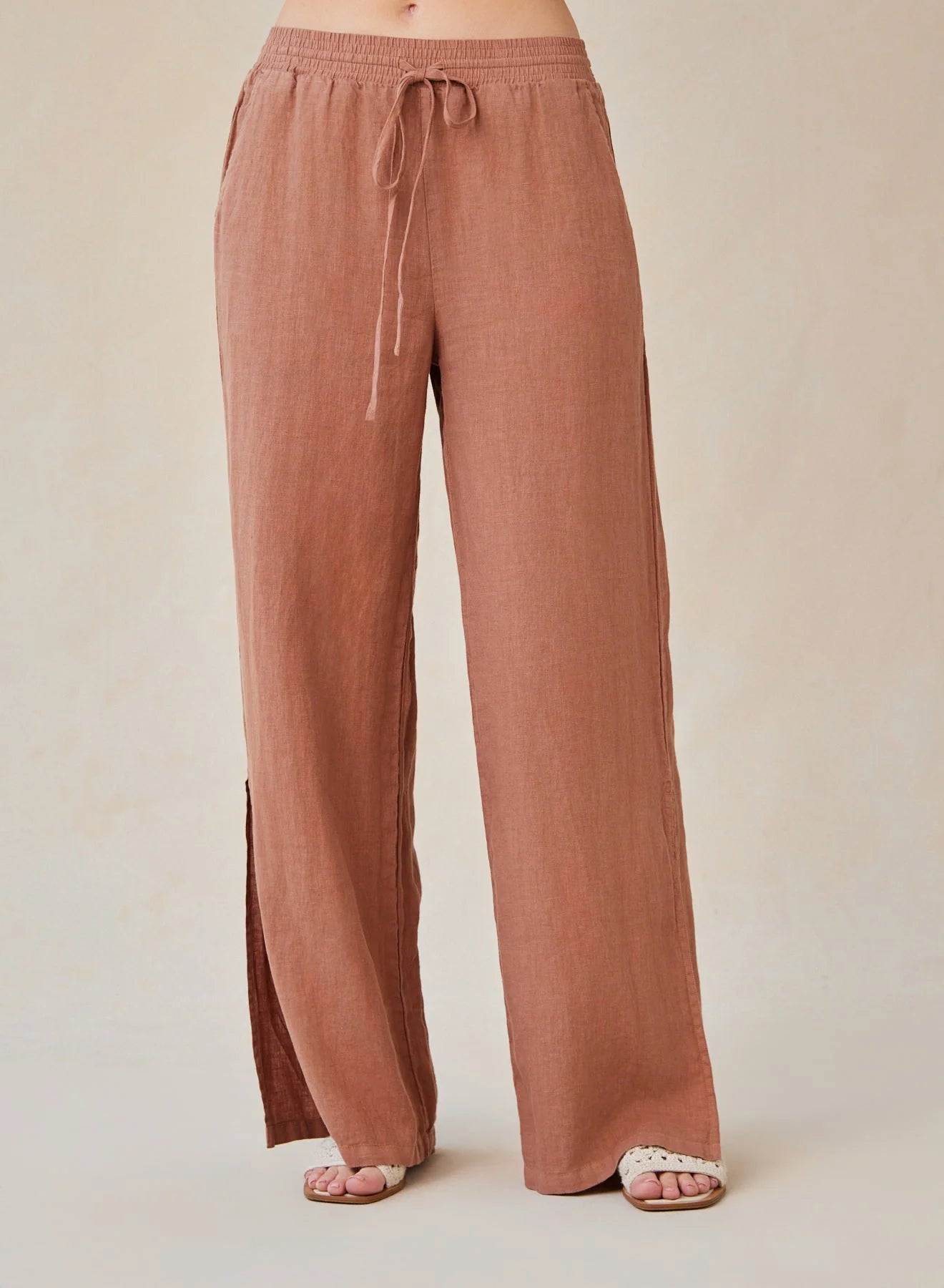Linen Side Slit Wide Leg Pant - Terracotta Brown