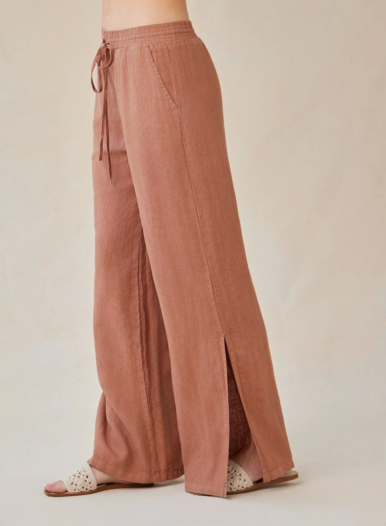 Linen Side Slit Wide Leg Pant - Terracotta Brown
