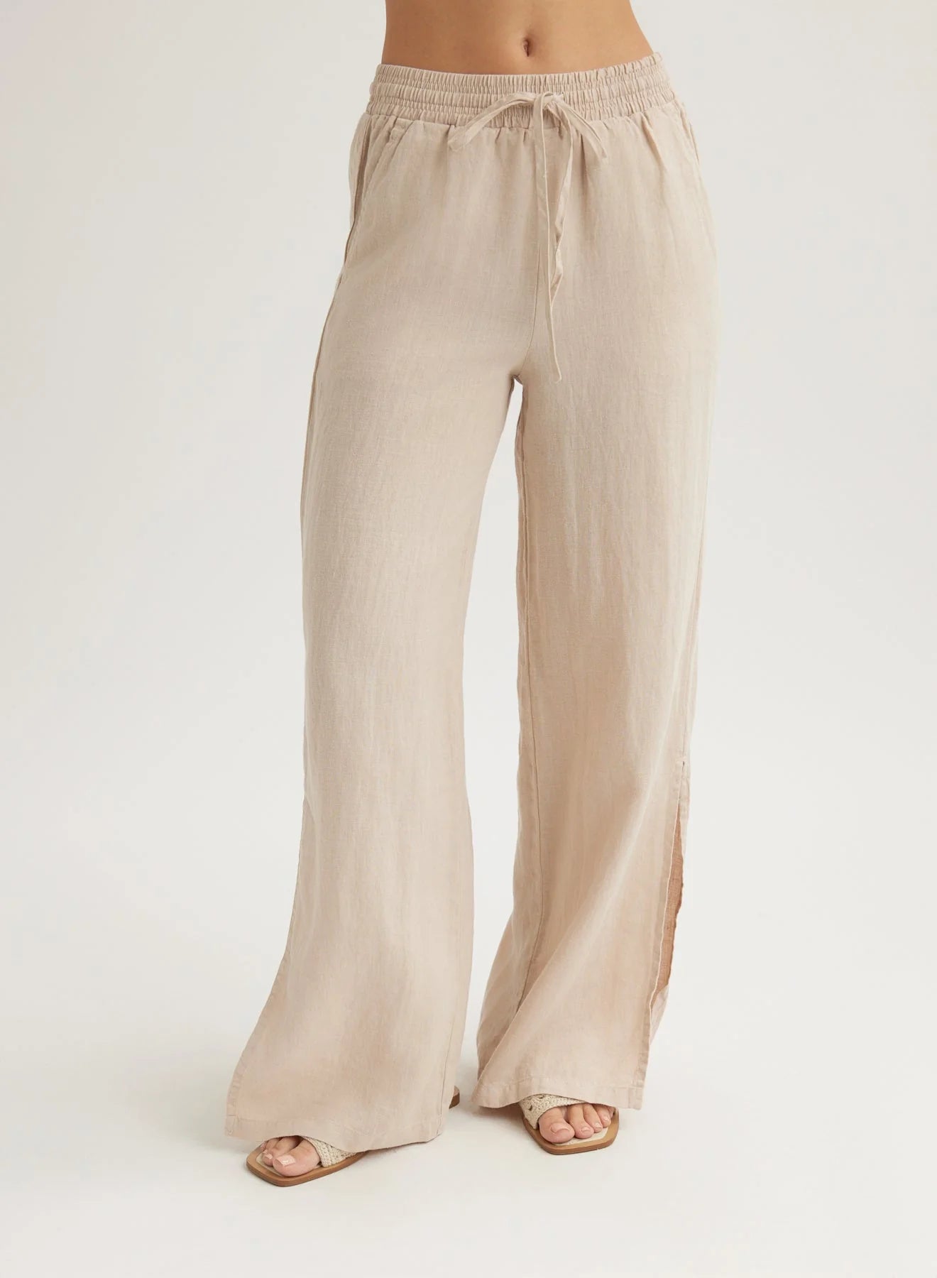 Linen Side Slit Wide Leg Pant - Linen Sand