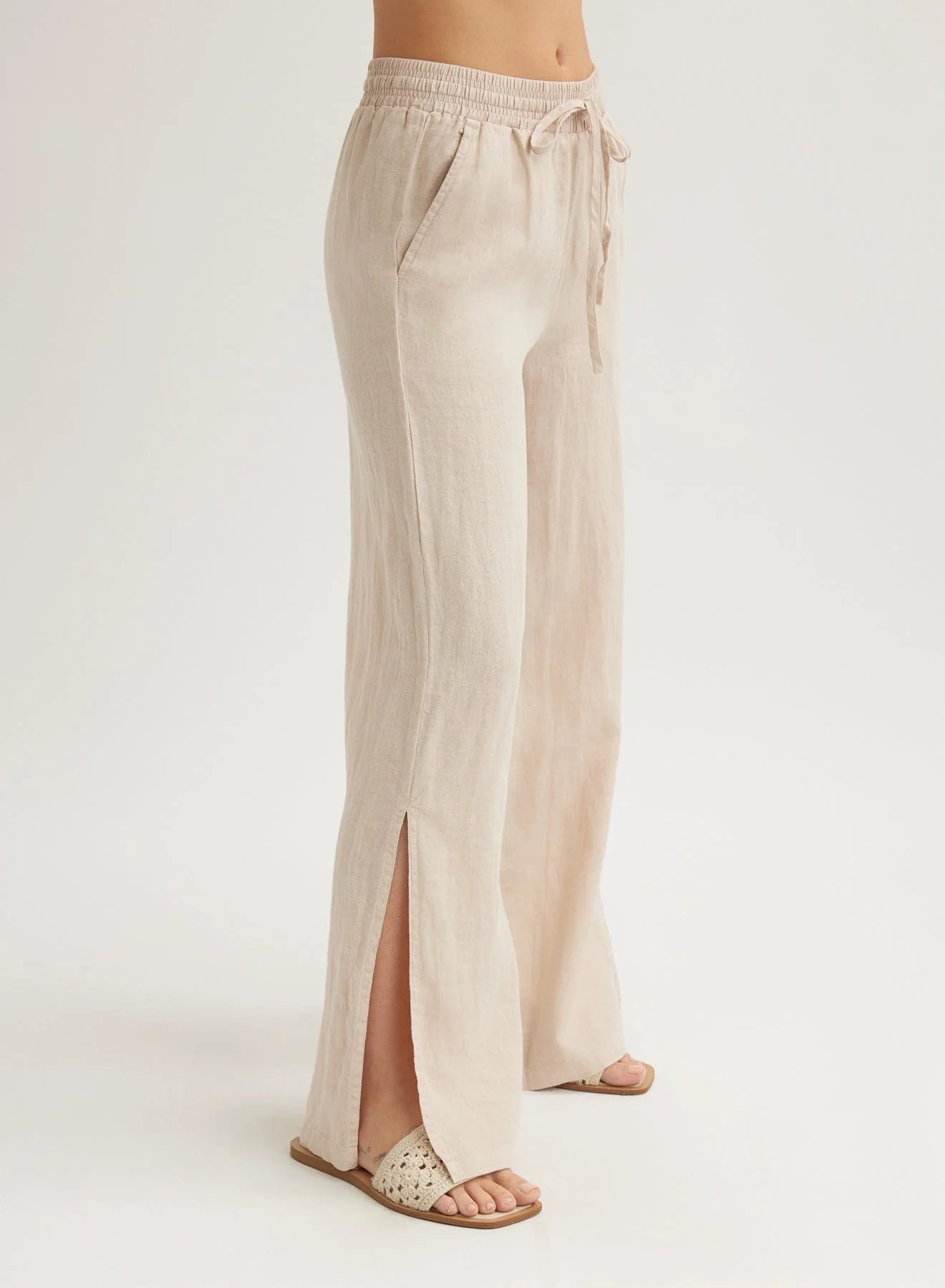 Linen Side Slit Wide Leg Pant - Linen Sand