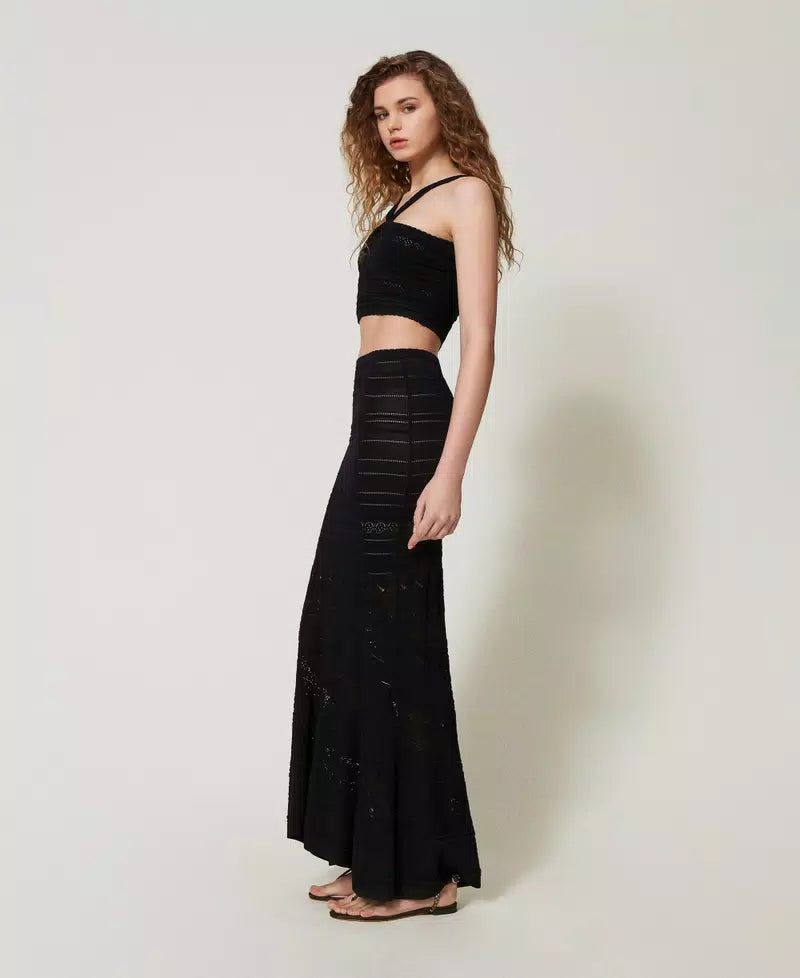 Long Punched Knit Skirt - Black