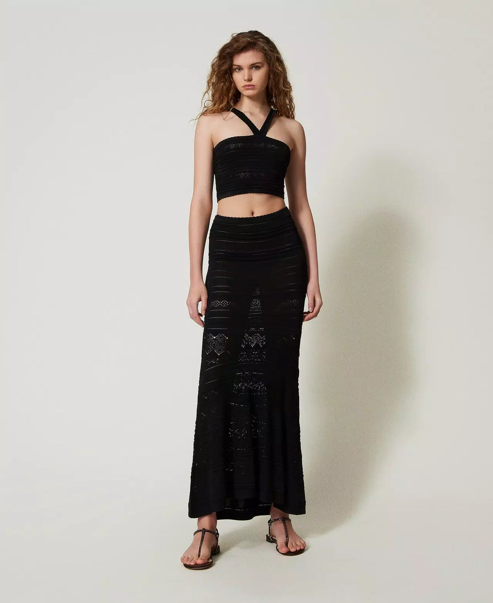 Long Punched Knit Skirt - Black