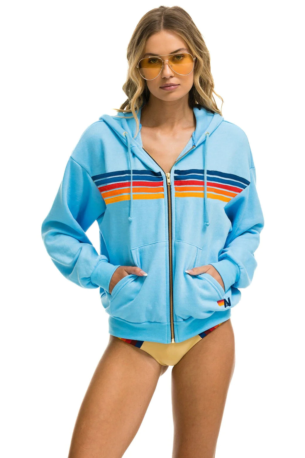 5 STRIPE RELAXED ZIP HOODIE - NEON PINK // NEON RAINBOW