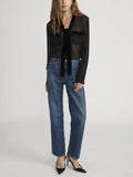 Velvet Trim Modern Tie Blouse - Black