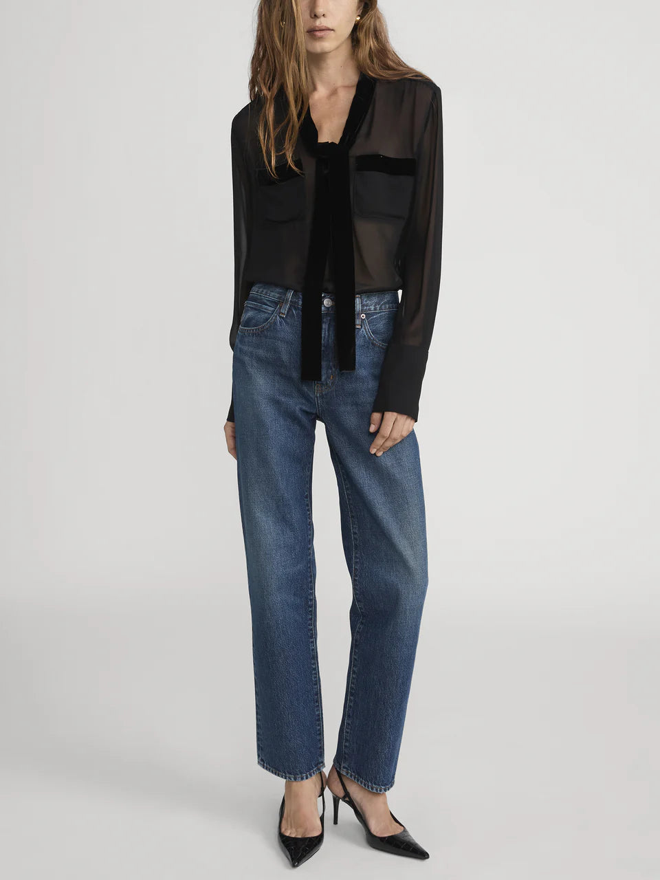 Velvet Trim Modern Tie Blouse - Black