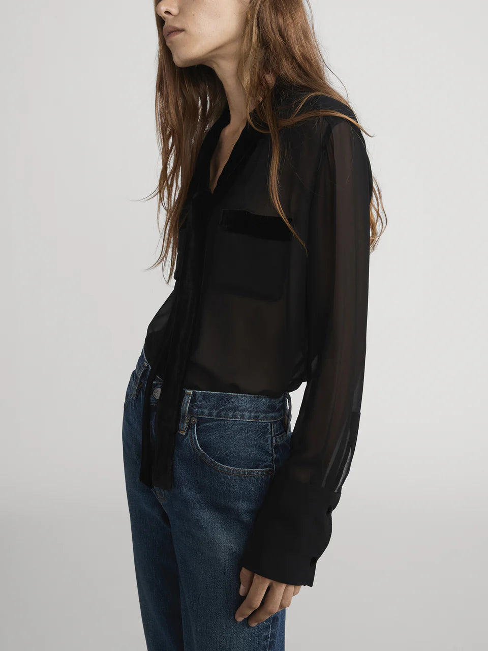 Velvet Trim Modern Tie Blouse - Black