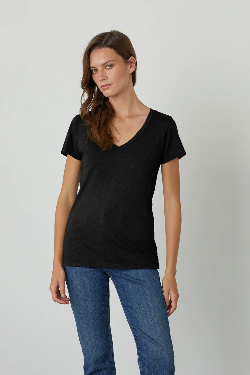 Lilith Cotton Slub V-Neck Tee - Black