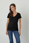 Lilith Cotton Slub V-Neck Tee - Black