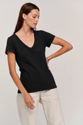 Lilith Cotton Slub V-Neck Tee - Black
