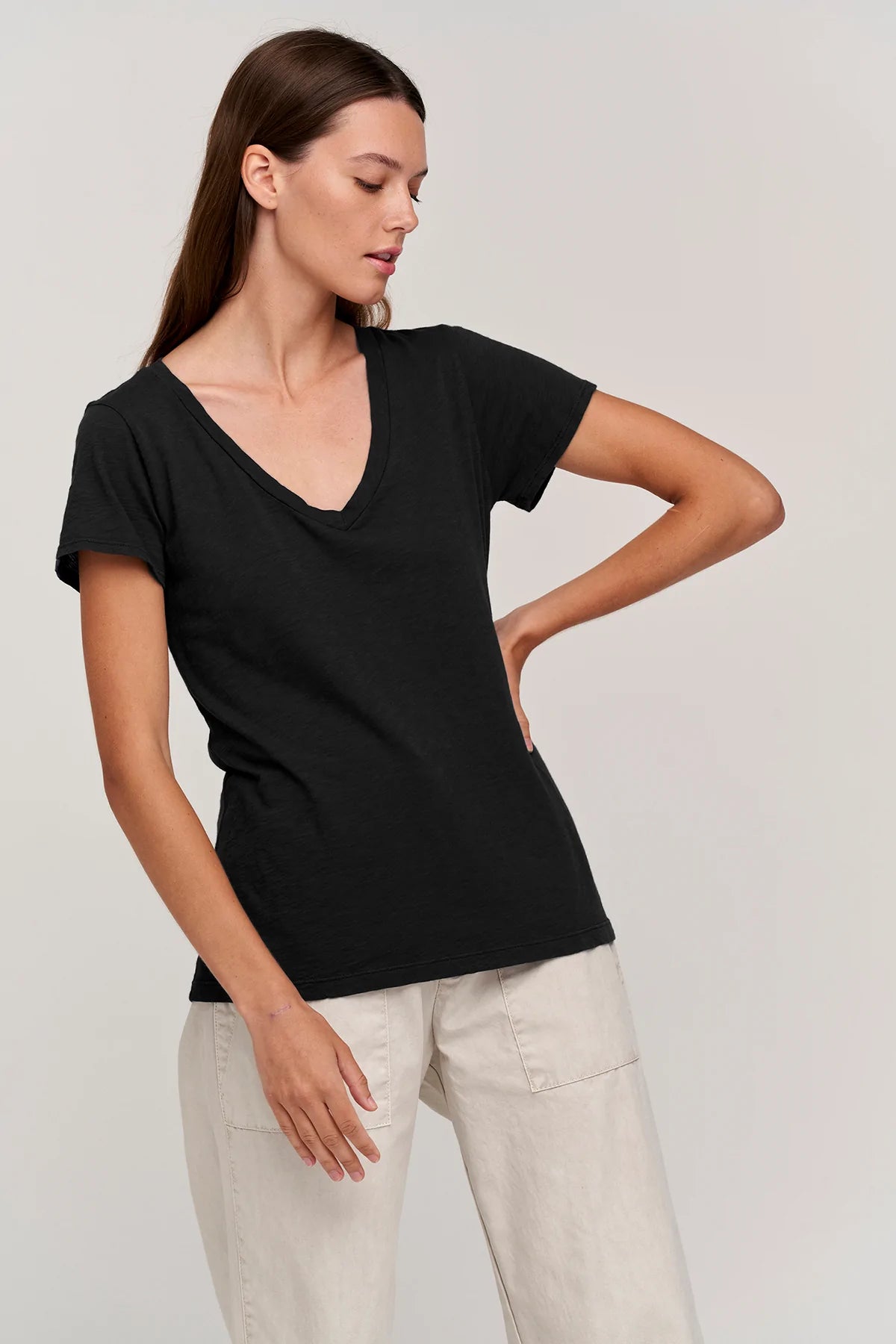 Lilith Cotton Slub V-Neck Tee - Black