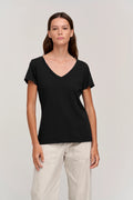 Lilith Cotton Slub V-Neck Tee - Black
