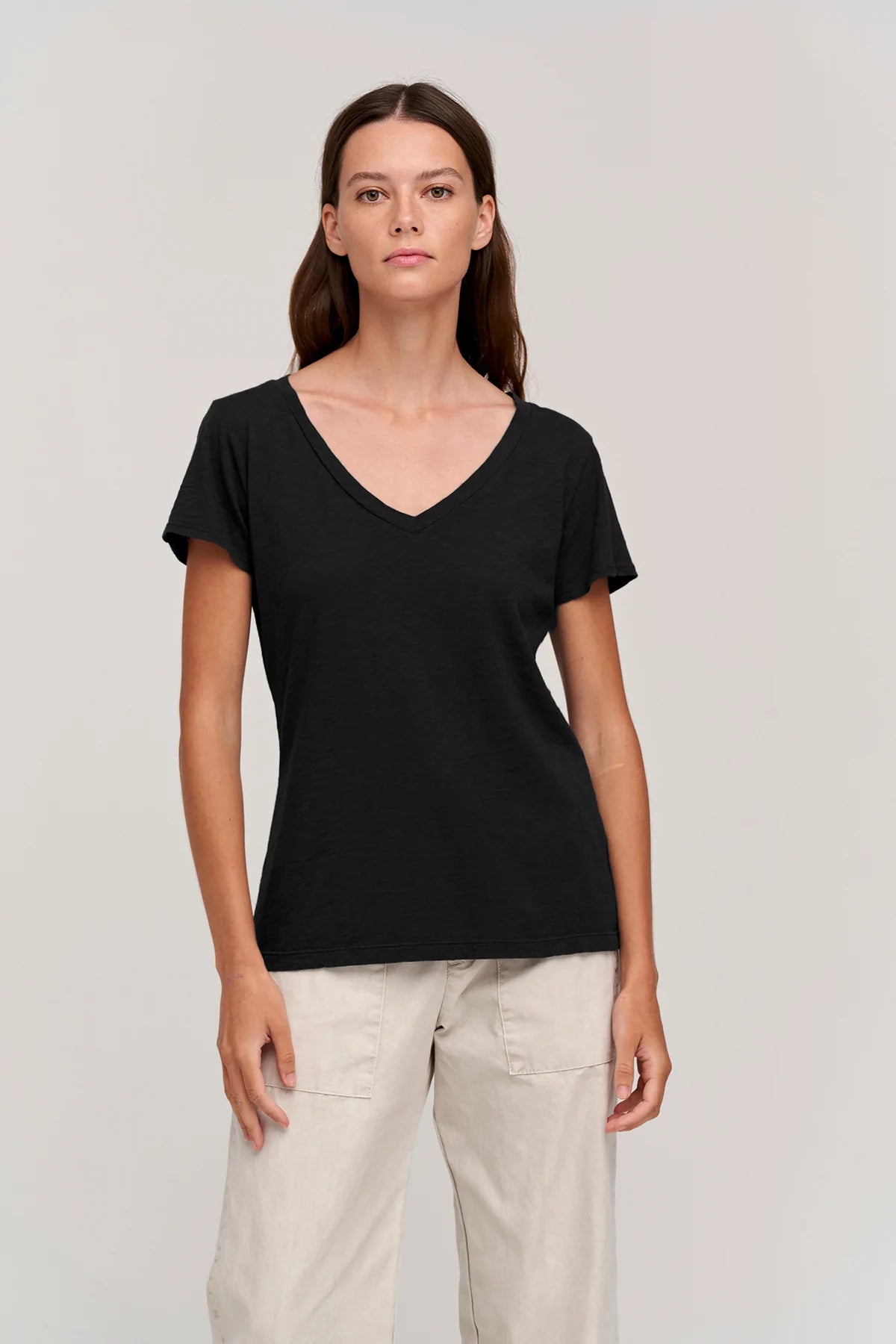 Lilith Cotton Slub V-Neck Tee - Black