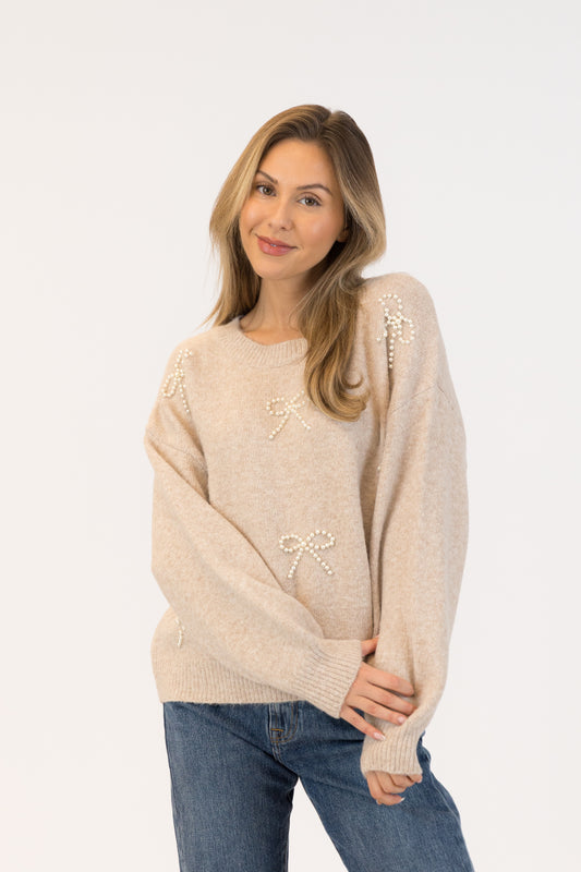 Bows Crewneck Pullover - Beige