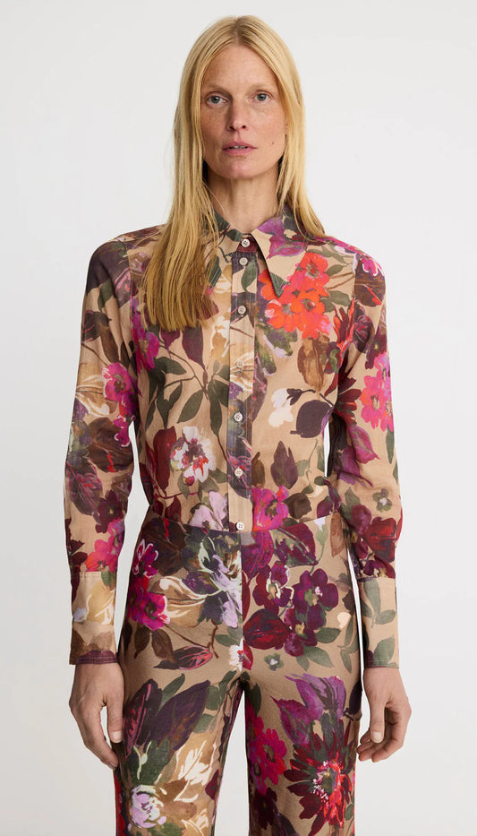 Point Collar Shirt - Tan Floral