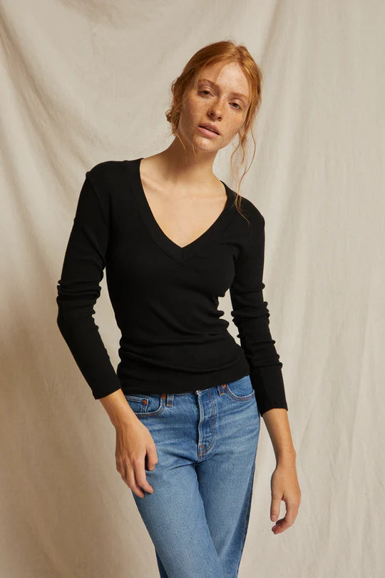 Viola Ribbed Cotton Modal V-Neck Long Sleeve - True Black